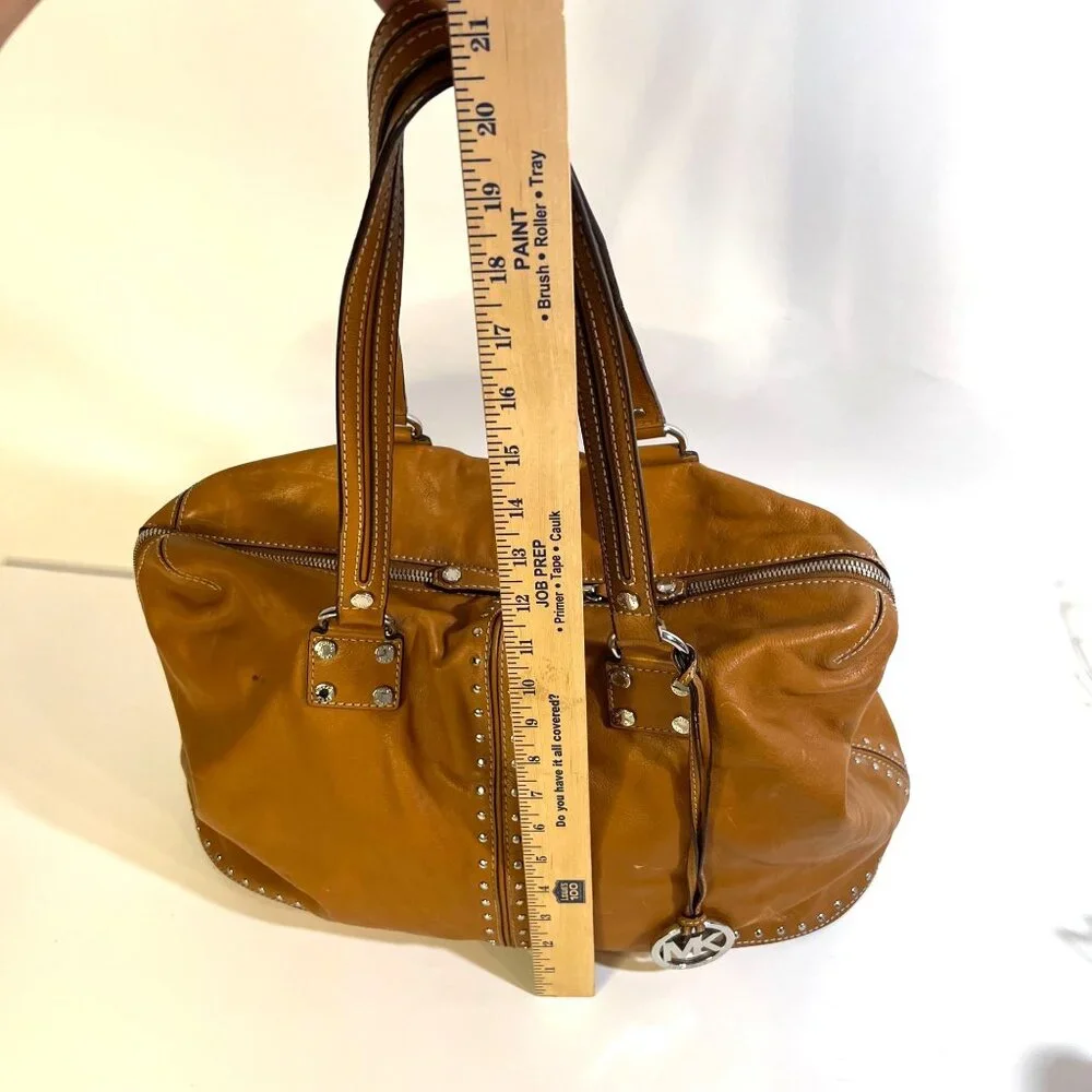 Michael Kors Tan Studded Leather Tote Bag With MK Charm & Zip Closure